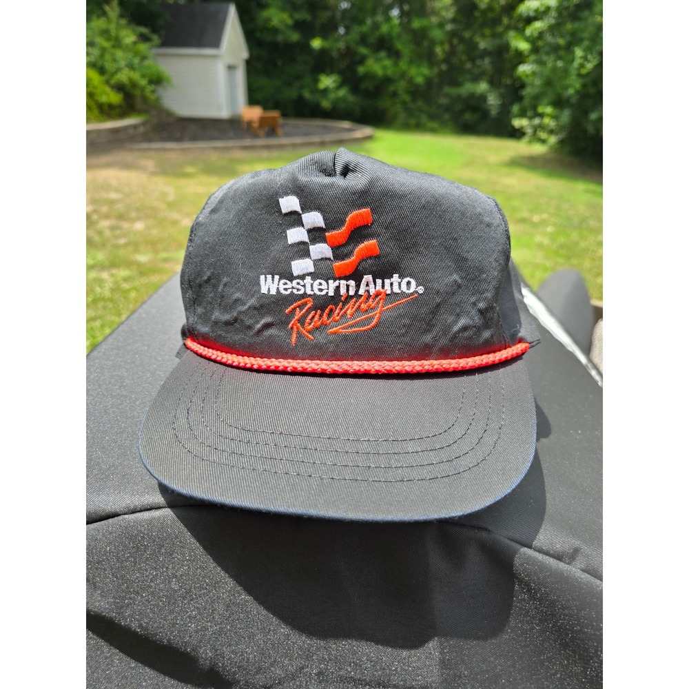Vintage Western Auto Racing Snapback Hat Black Red Rope Trucker Cap K-Products